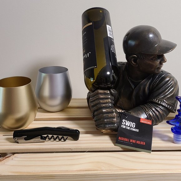 Baseball Wine Bottle Holder, Wine Glasses, Wine Stopper, Corkscrew – MBHS7 - Picture 1 of 2